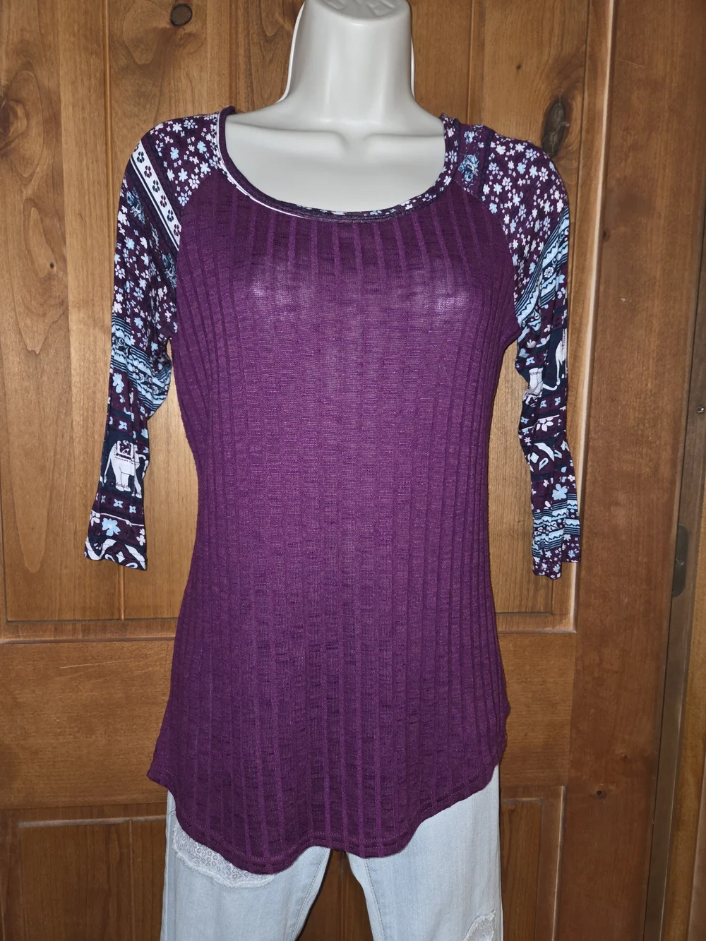 Rue21 Purple Ribbed Scoop‎ Neck Top with Patterned Raglan Sleeves